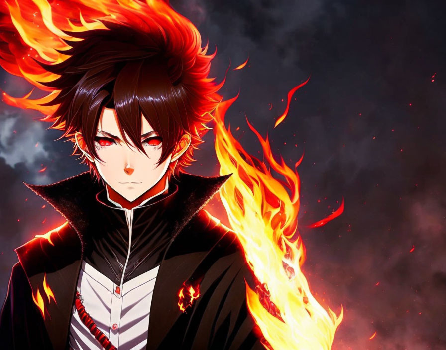 Black-haired animated character with fiery red highlights, red eyes, black and red outfit, flames, and