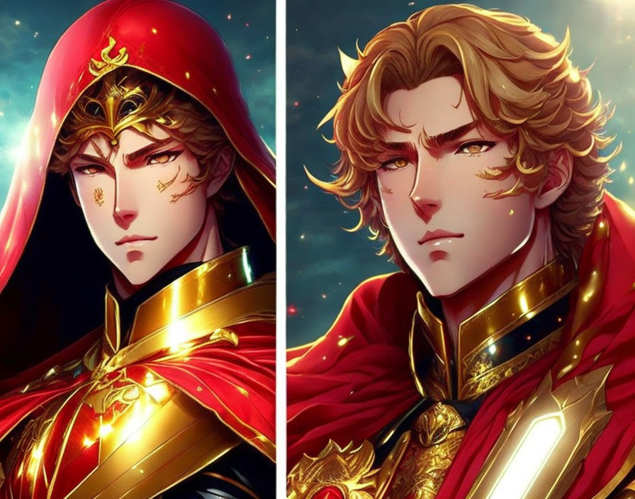 Regal character portraits in golden armor and red cloak