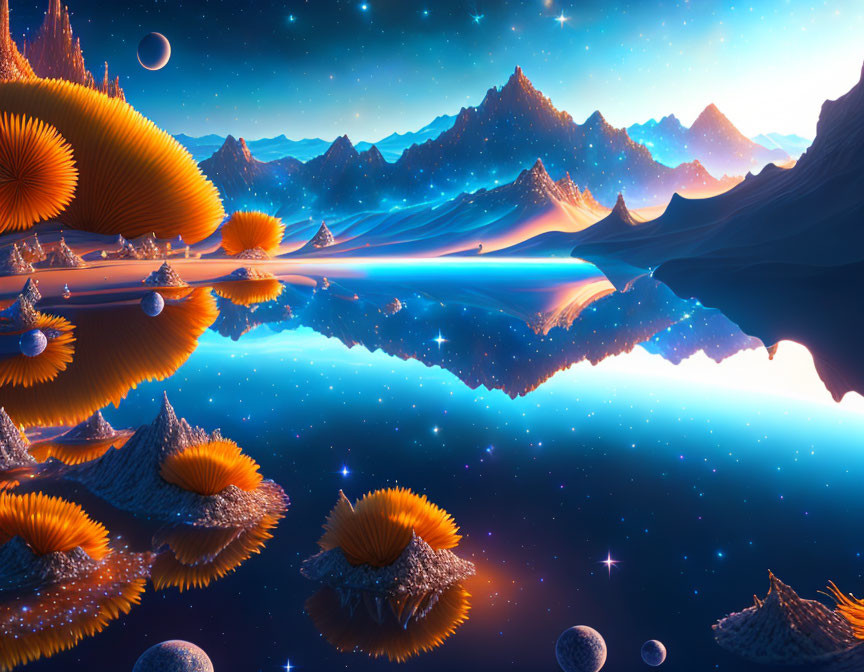 Surreal landscape with mirror-like water, alien vegetation, and cosmic skies