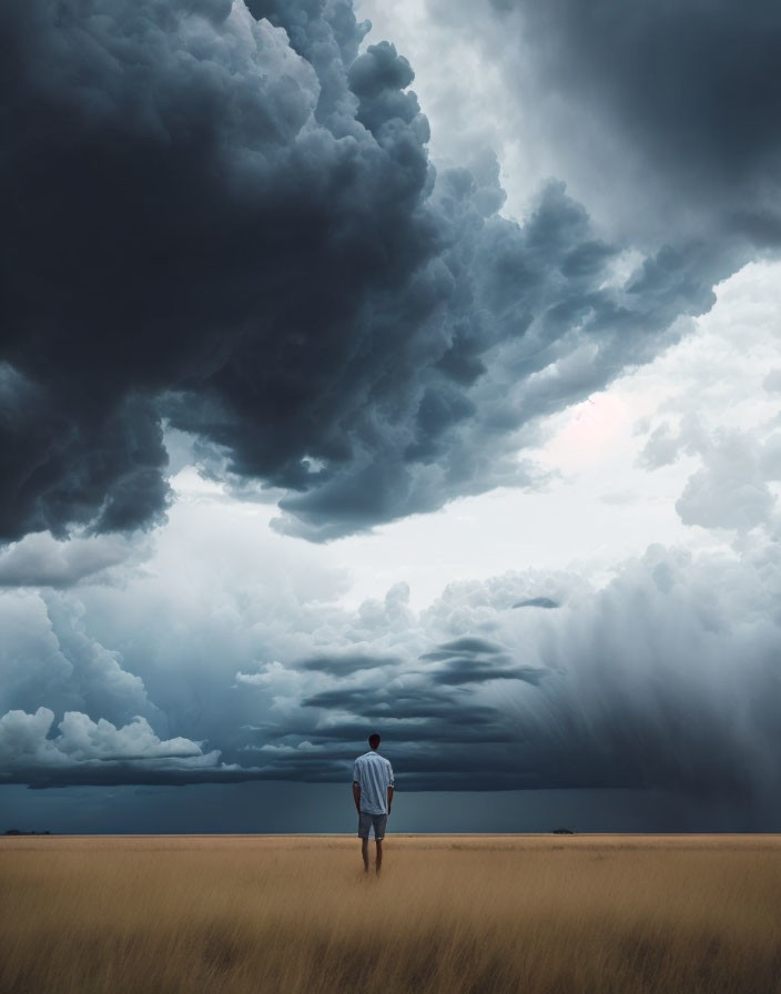 Person standing in vast field under dramatic stormy sky with dark clouds.