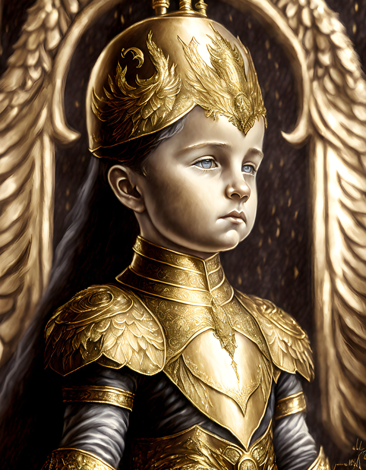 Young Child in Golden Armor with Stylized Wings Background