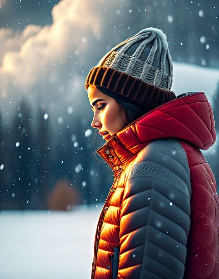 Person in Red and Gray Winter Jacket Standing Against Snowy Background