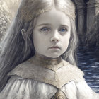 Young girl with blue eyes in regal attire on stone bridge.