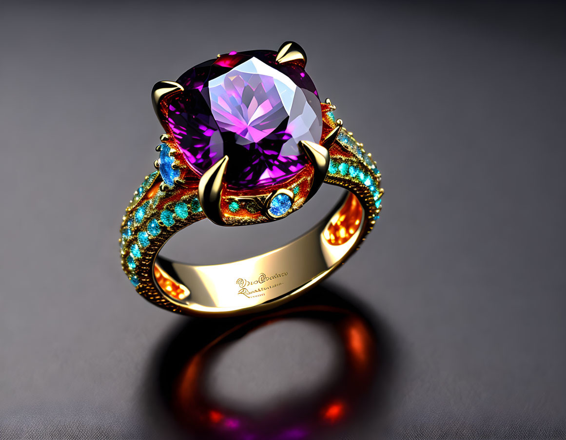 Luxurious Gold Ring with Purple Gemstone and Enamel Detailing