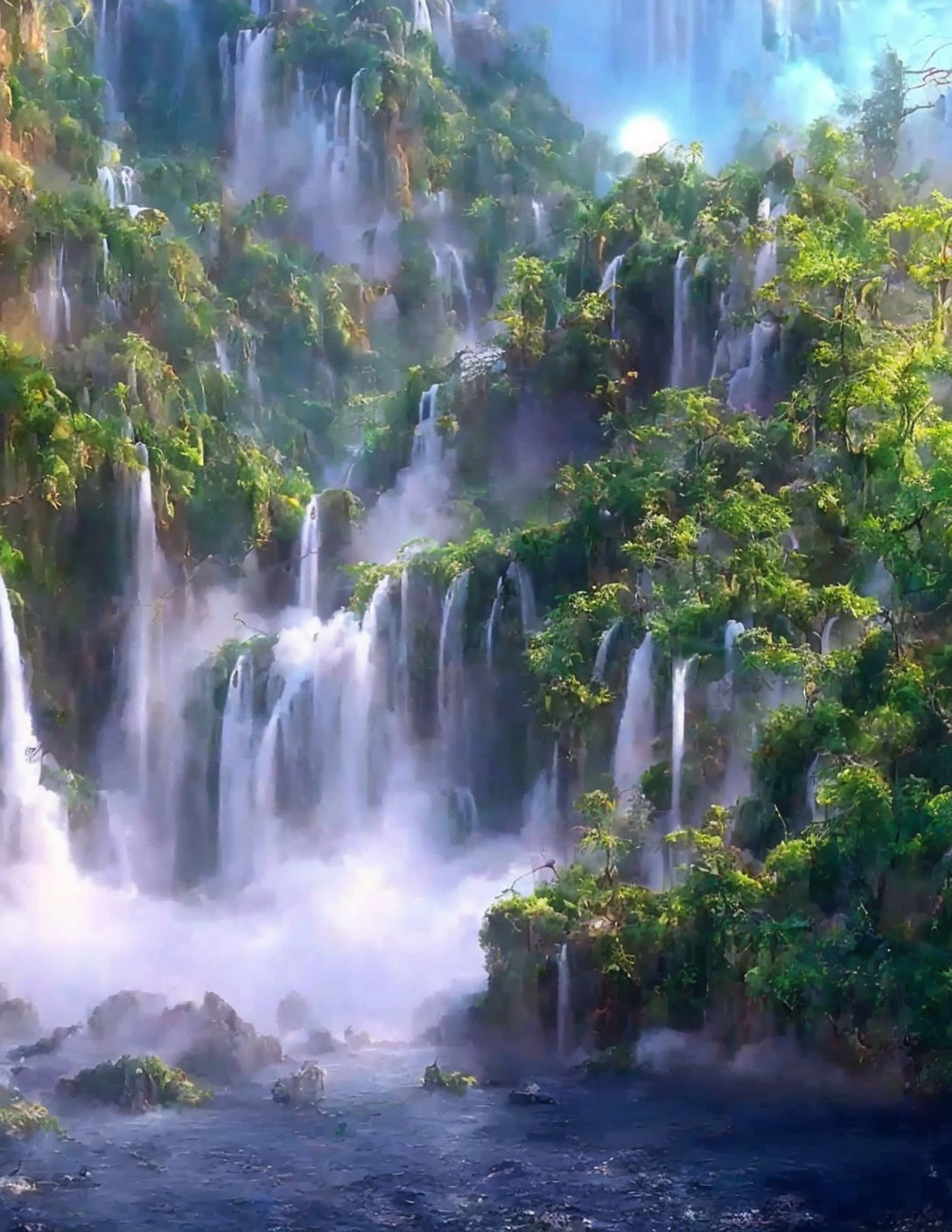 Scenic waterfall surrounded by lush greenery and sunlight beams