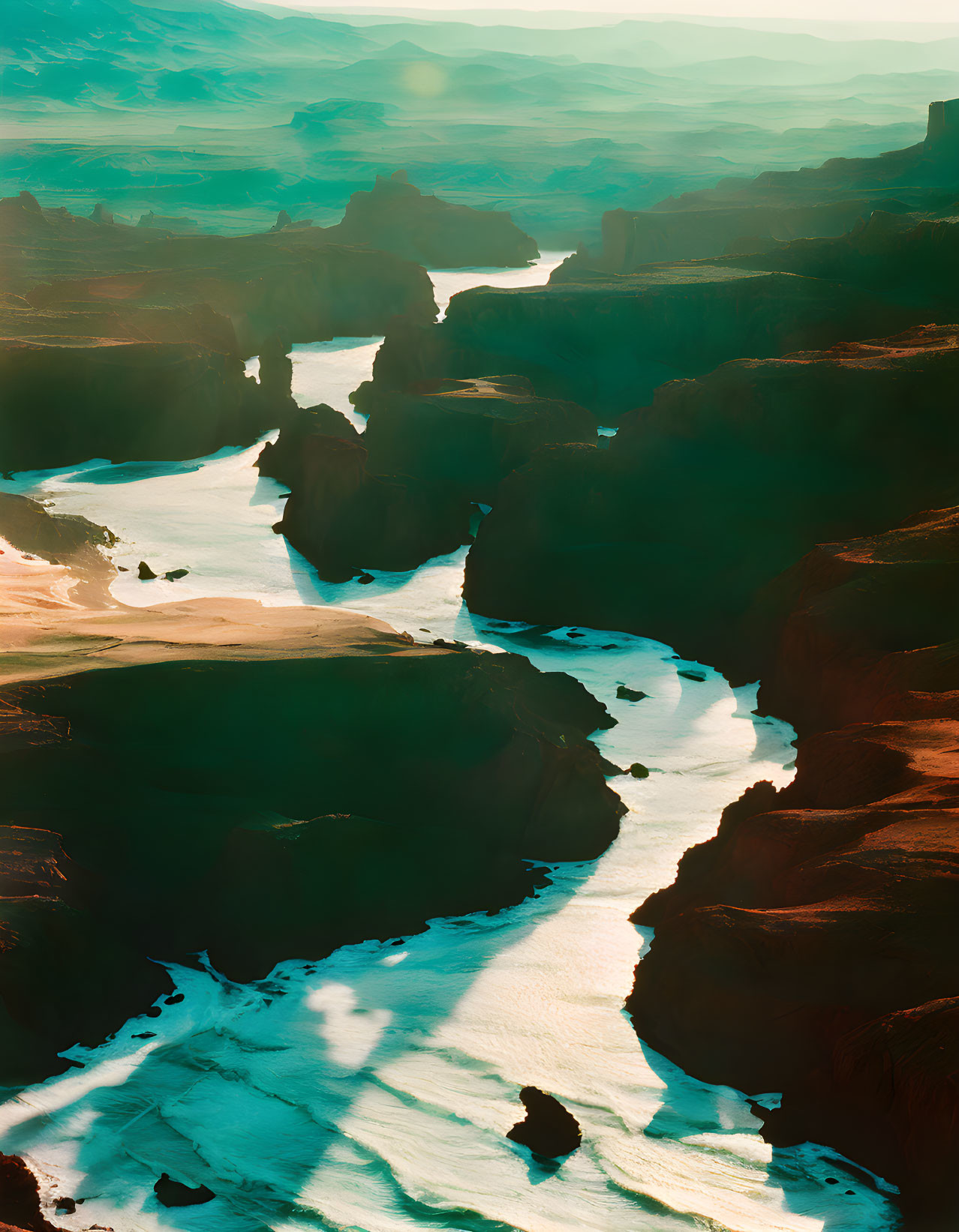 Sunlit River Flowing Through Deep Canyon