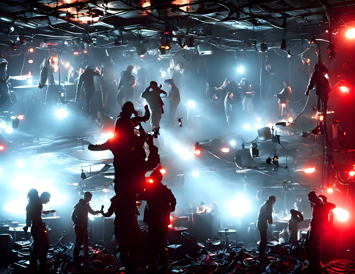 Dynamic shadows cast by bright stage lights on a busy production set