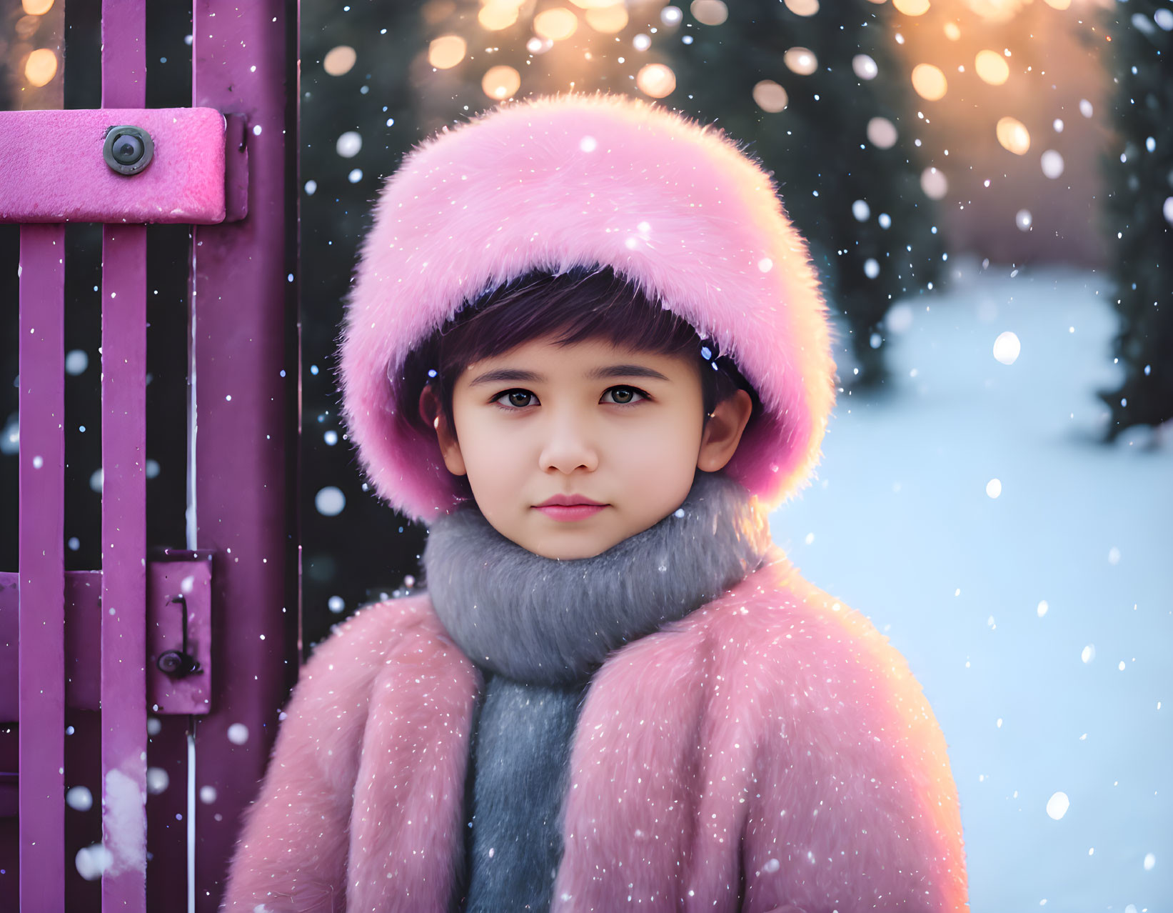 Child in Pink Winter Coat Stands by Purple Fence with Snowflakes