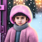 Child in Pink Winter Coat Stands by Purple Fence with Snowflakes