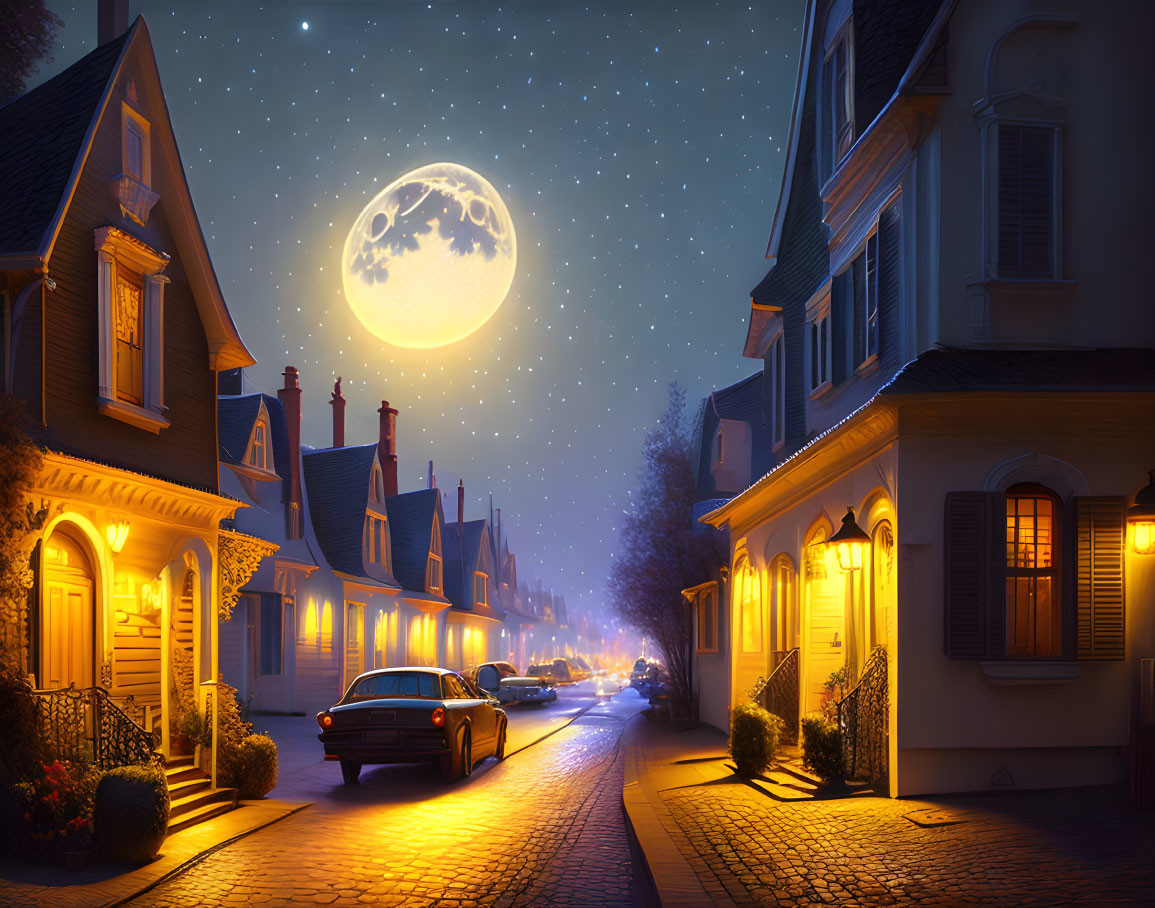 Nighttime Street Scene with Illuminated Houses and Full Moon