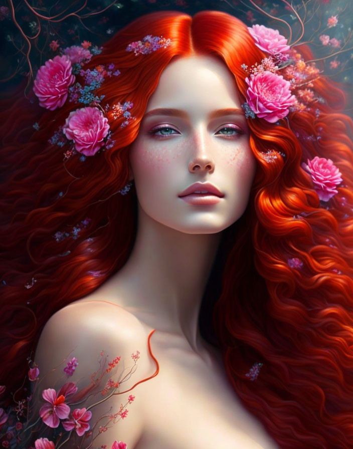 Digital artwork: Woman with vibrant red hair and pink flowers on fair skin, against dark background