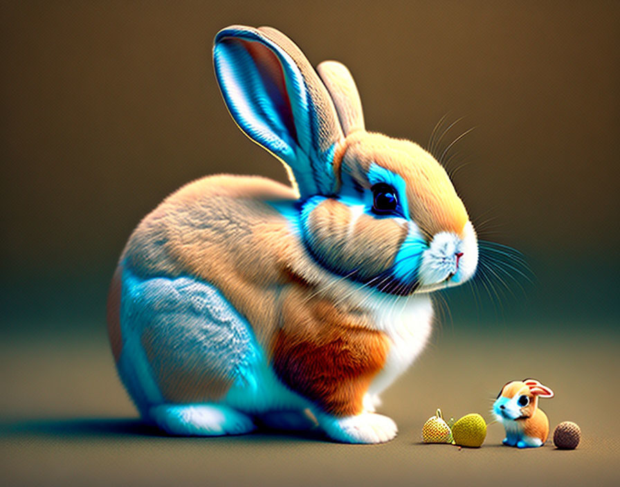 Large rabbit with prominent ears beside miniature rabbit and tiny knitted hats