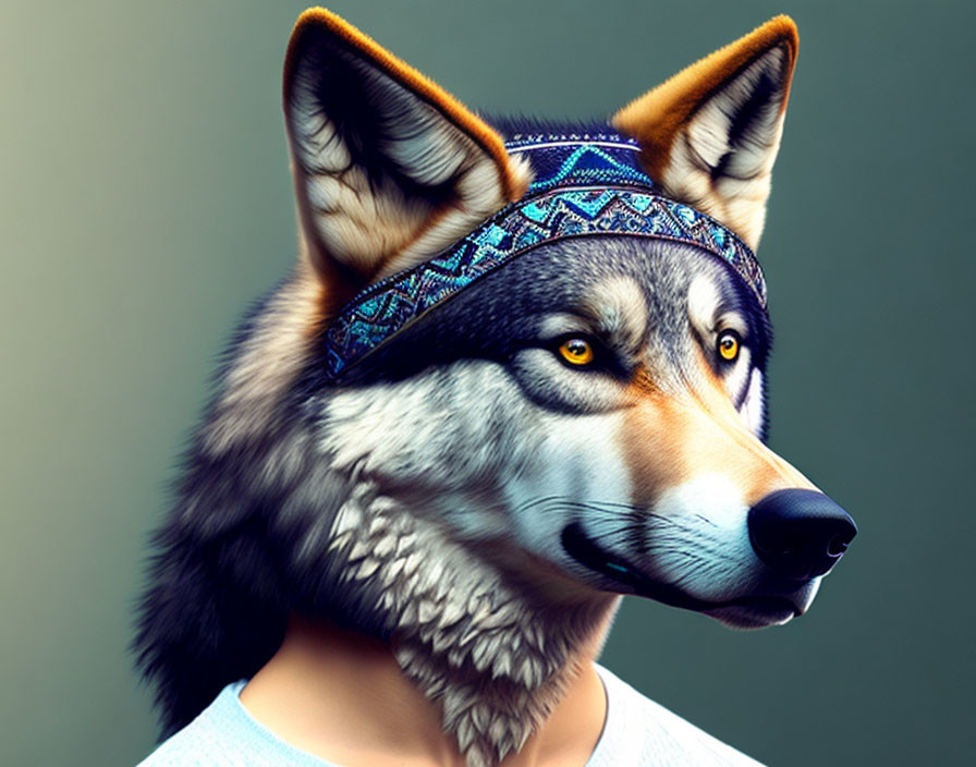 Digital artwork: Wolf with human-like features in colorful headband