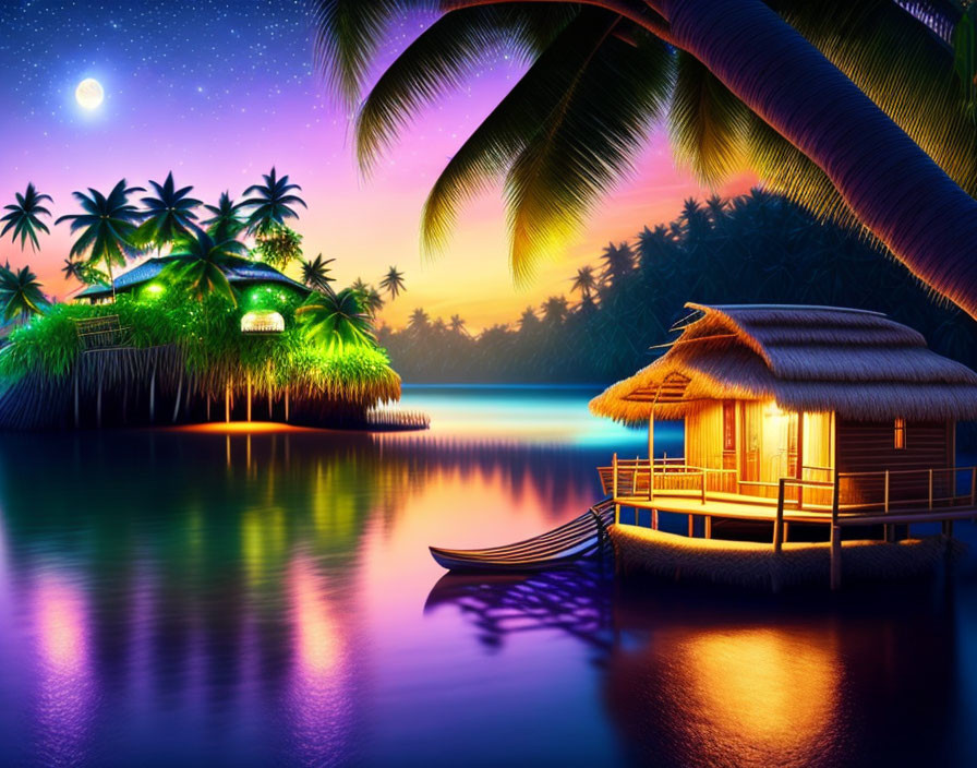 Tropical night scene with overwater bungalows, palm trees, lake, boat