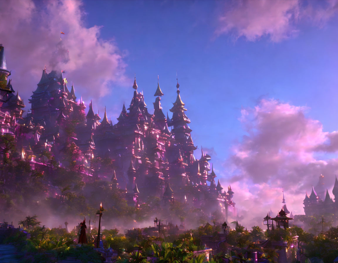 Majestic castle with spires in purple dusk sky