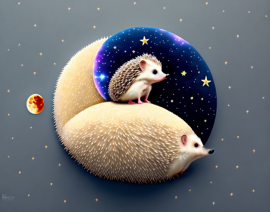 Illustration of hedgehogs as moon and planet with sun