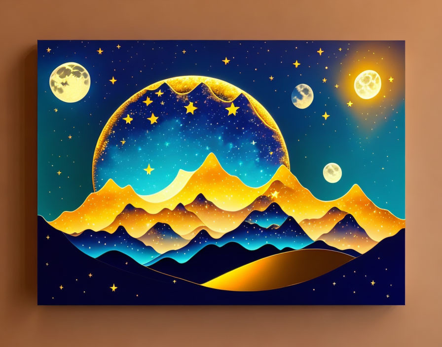 Vibrant mountain landscape art with multiple moons and galaxy on canvas