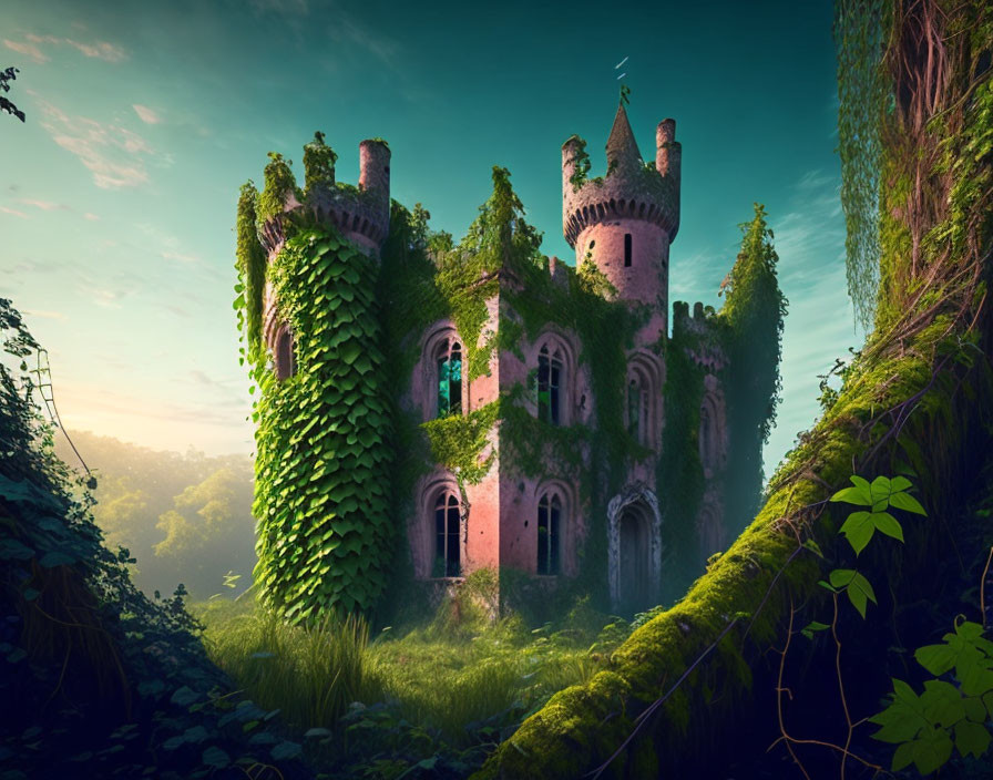 Ivy-covered castle in lush forest setting