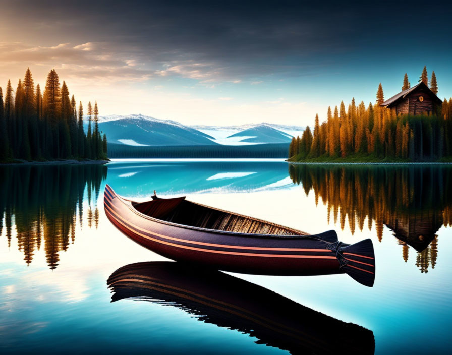 Tranquil lake scene with boat, cabin, and pine trees at dusk