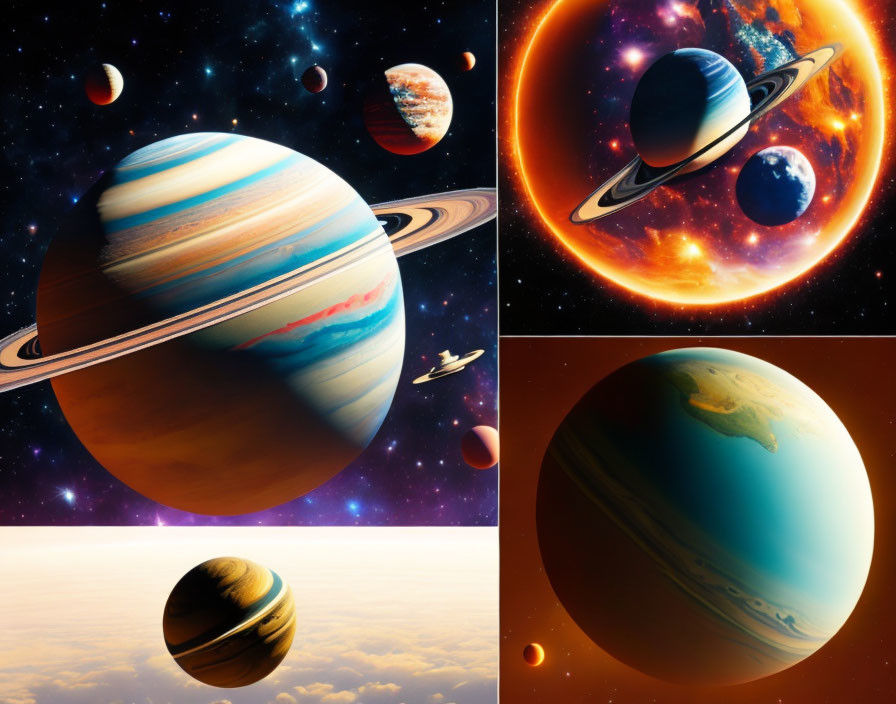 Colorful Collage of Stylized Planets, Moons, Rings, and Spaceship