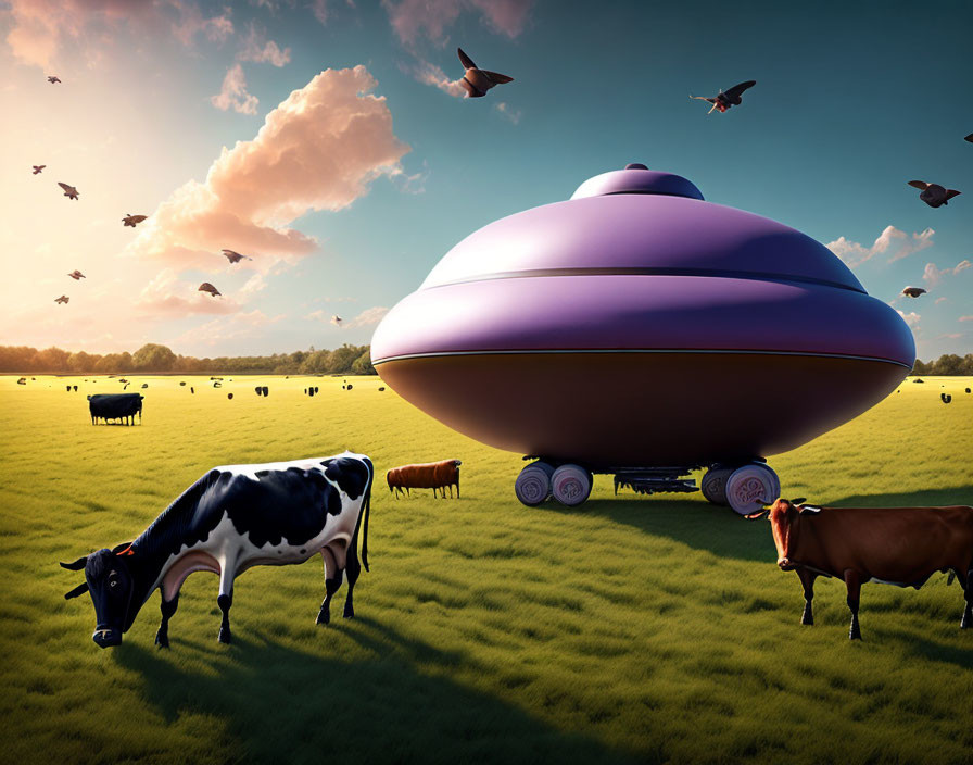 Cows grazing near purple-and-pink UFO in green field