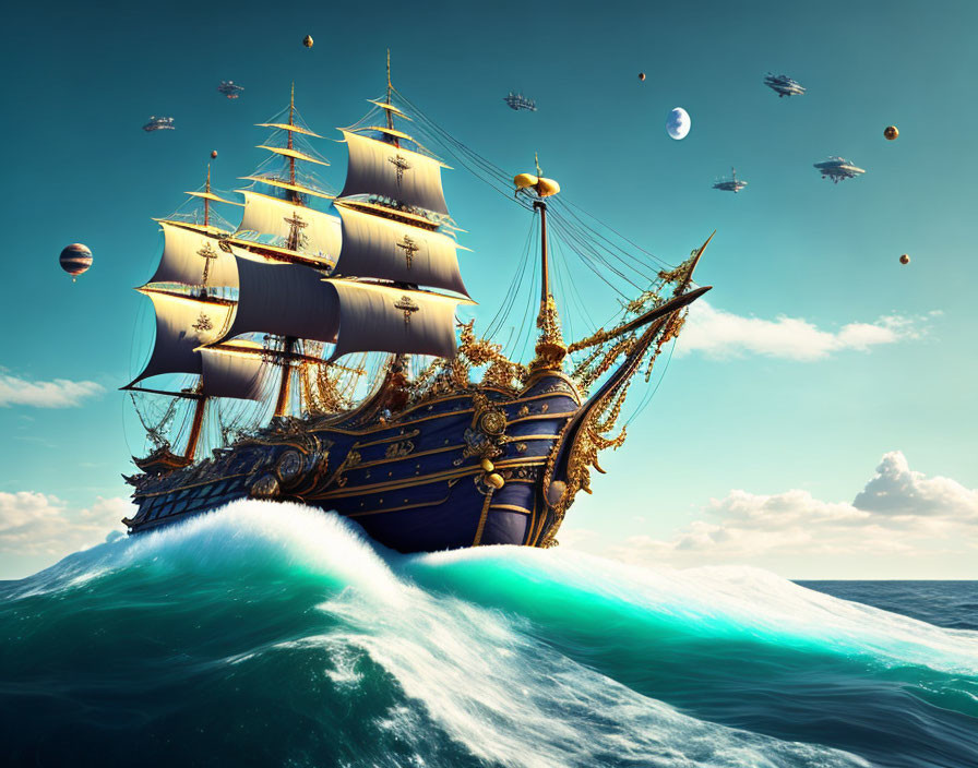 Ornate sailing ship on cresting wave with steampunk airships in sky