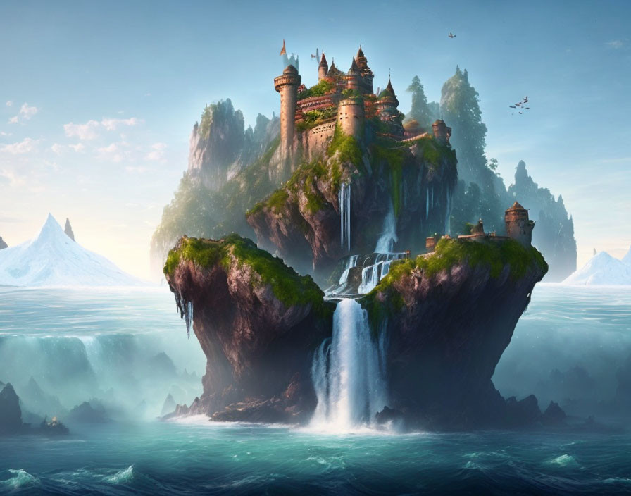 Floating Island with Castle, Waterfalls, Greenery, Icy Peaks, and Ethereal Mist