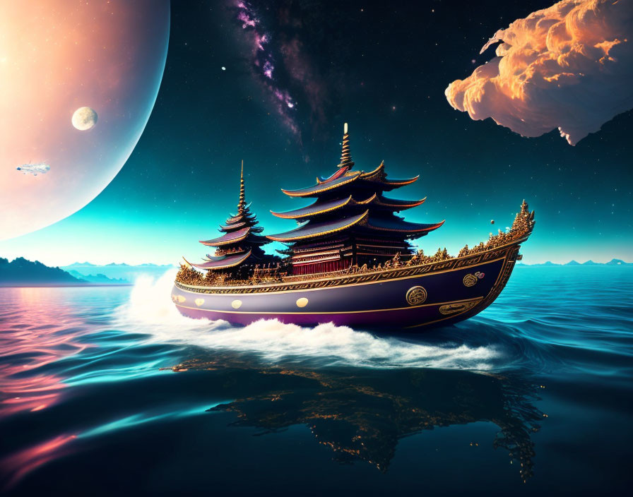 Traditional Asian ship sailing on calm ocean with fantasy moon and stars