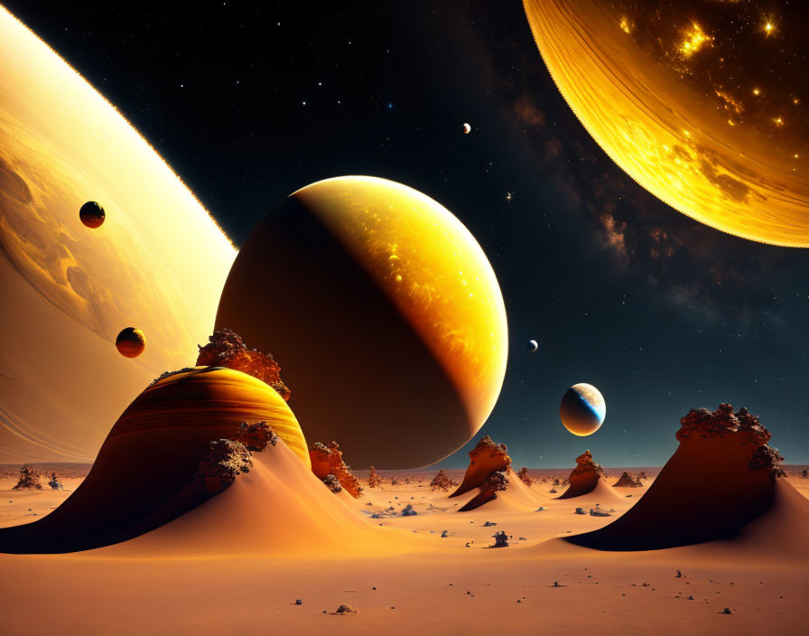 Surreal sci-fi landscape with sand dunes under starry sky and multiple large planets casting golden