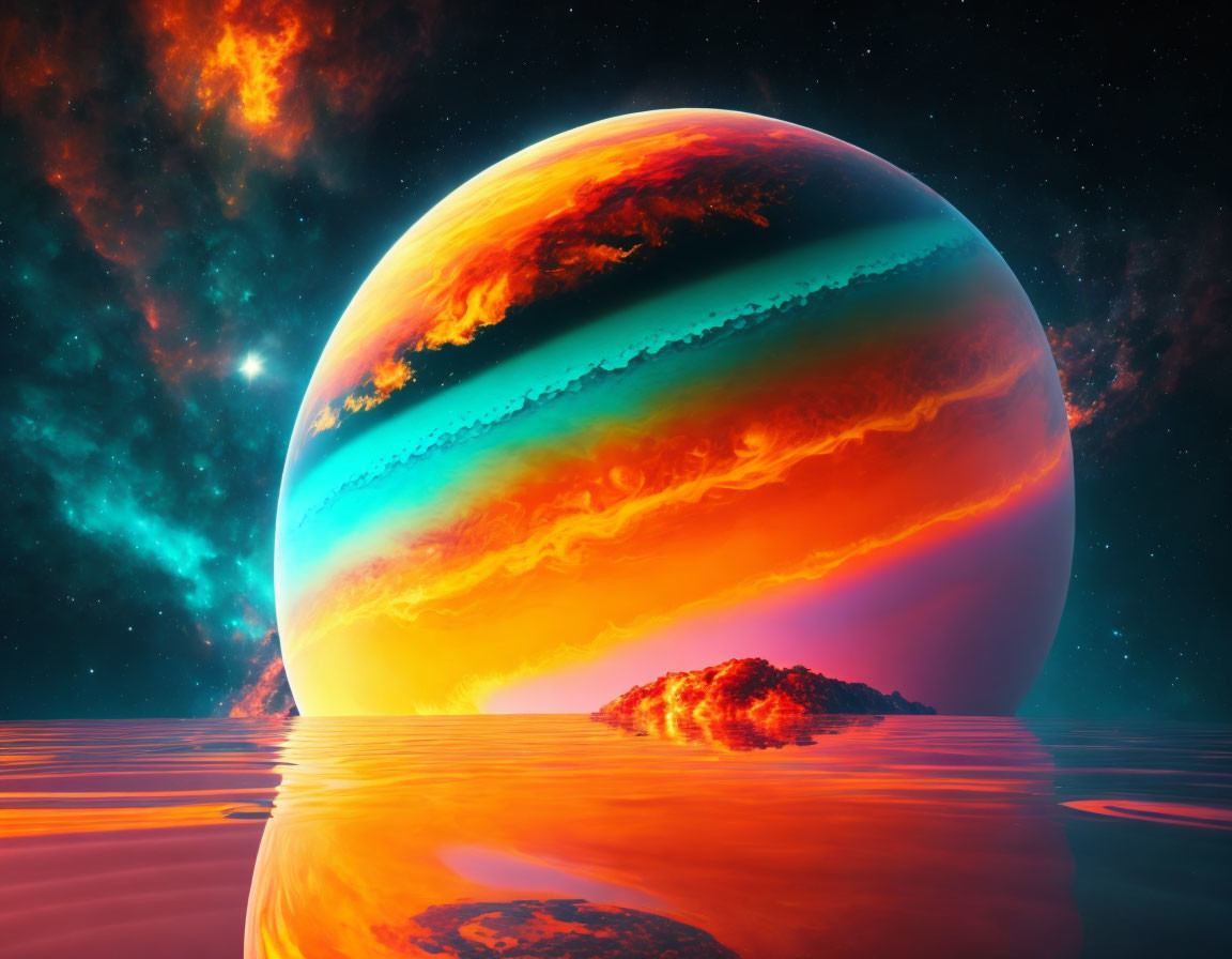 Colorful Sci-Fi Landscape with Large Rising Planet