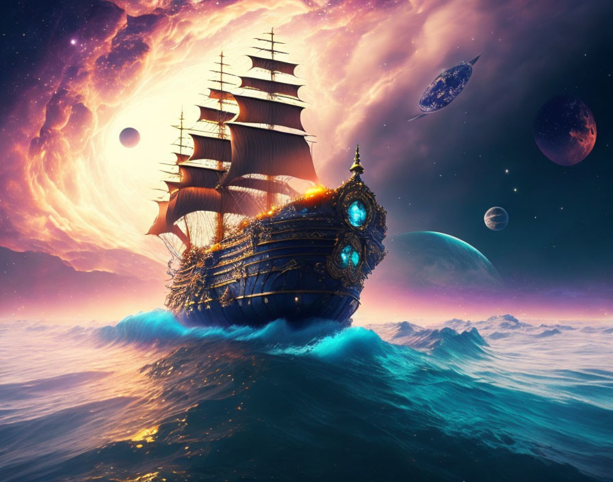 Grand sailing ship navigating cosmic seas under colorful nebulas.