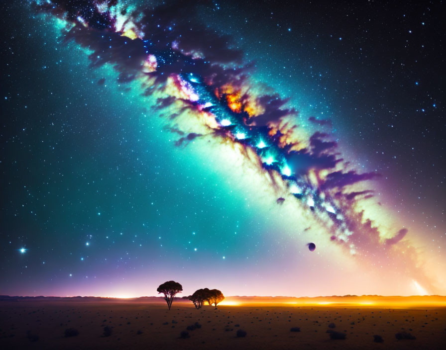 Starry night sky over desert with trees and hot air balloon