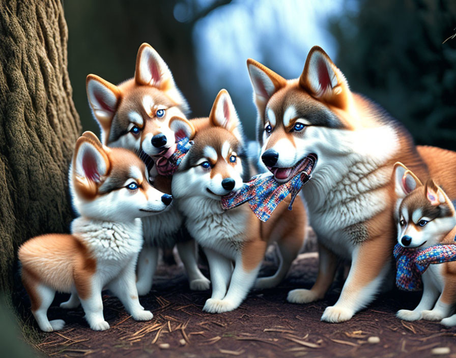 Siberian Husky puppies with blue eyes in bandanas by a tree