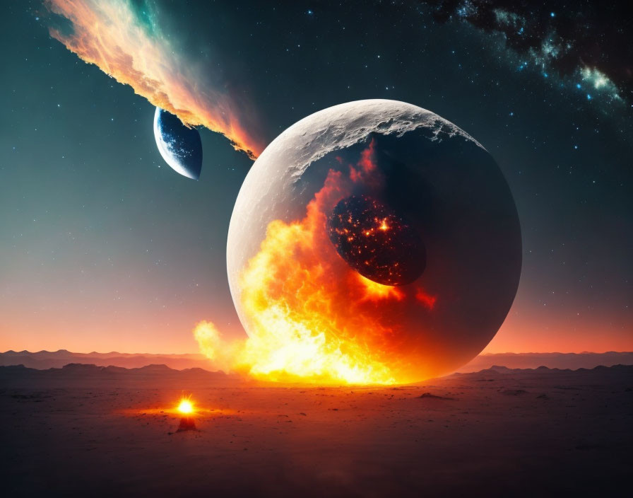 Sci-fi landscape with celestial collision: fiery moon impact, giant planets in sky