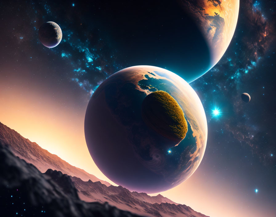 Three planets align over alien landscape under star-filled sky