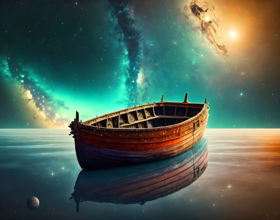 Old Wooden Boat Floating on Calm Waters Under Vibrant Cosmic Sky