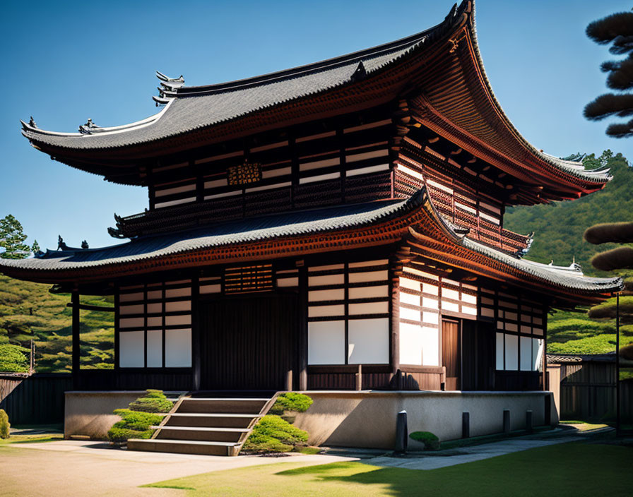 Japanese Temple with Sloping Roofs and Wooden Facade in Greenery