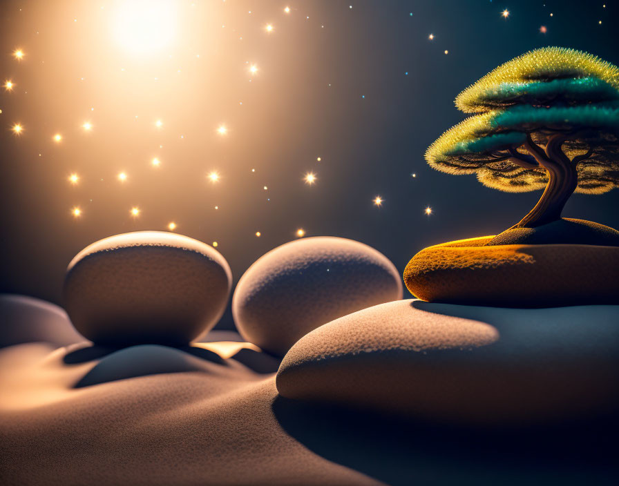 Solitary Tree on Mound with Stones and Sparkling Lights at Dusk