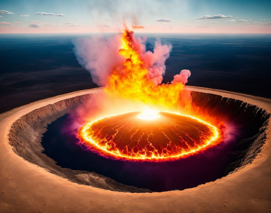 Active volcano erupting with vibrant orange lava and smoke aerial view.