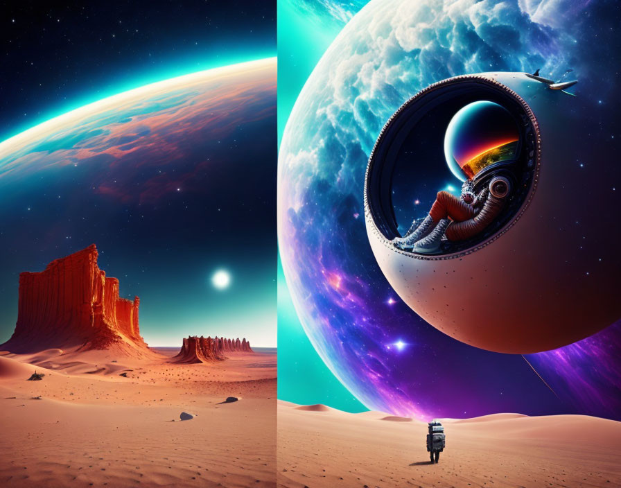 Composite Image: Desert landscape, starry sky, person observing giant floating sphere with reflective cityscape.