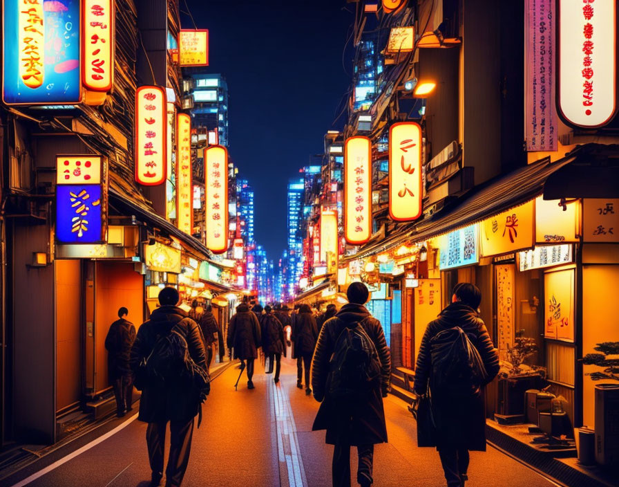 Vibrant foreign script signs illuminate crowded city street at night