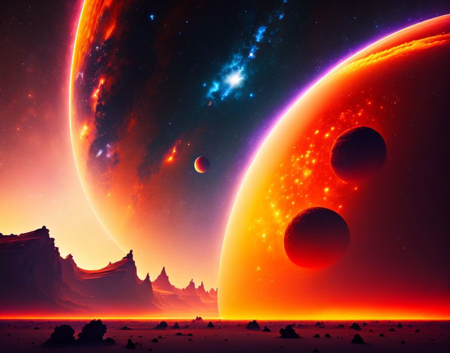 Colorful sci-fi landscape with planets, stars, moons, and nebula in background