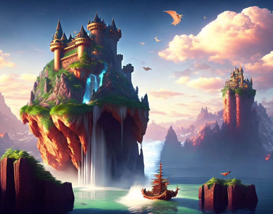 Majestic castle on floating island with dragon and ship in fantasy landscape