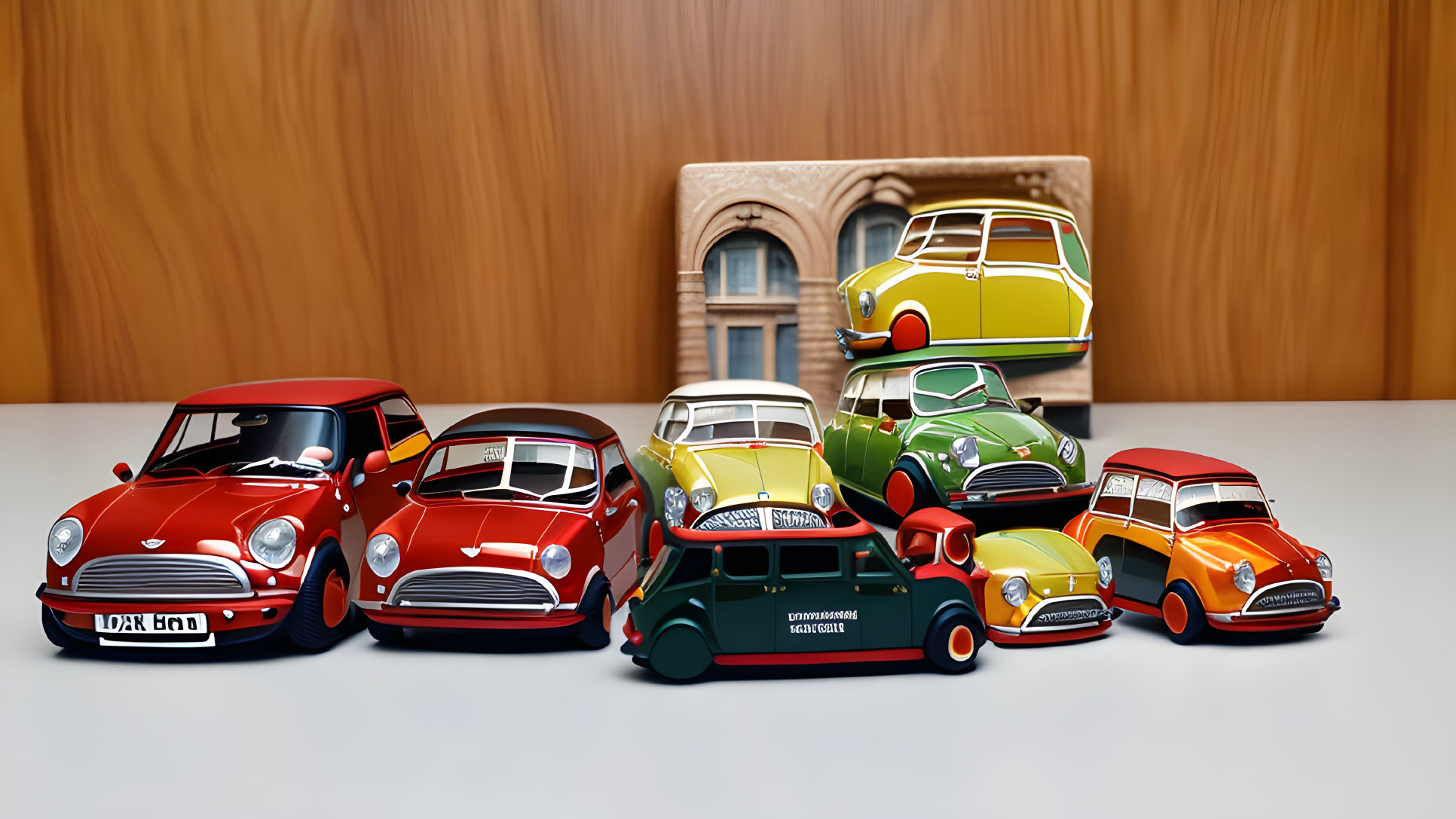 Colorful Vintage Toy Car Models Displayed on Wooden Backdrop