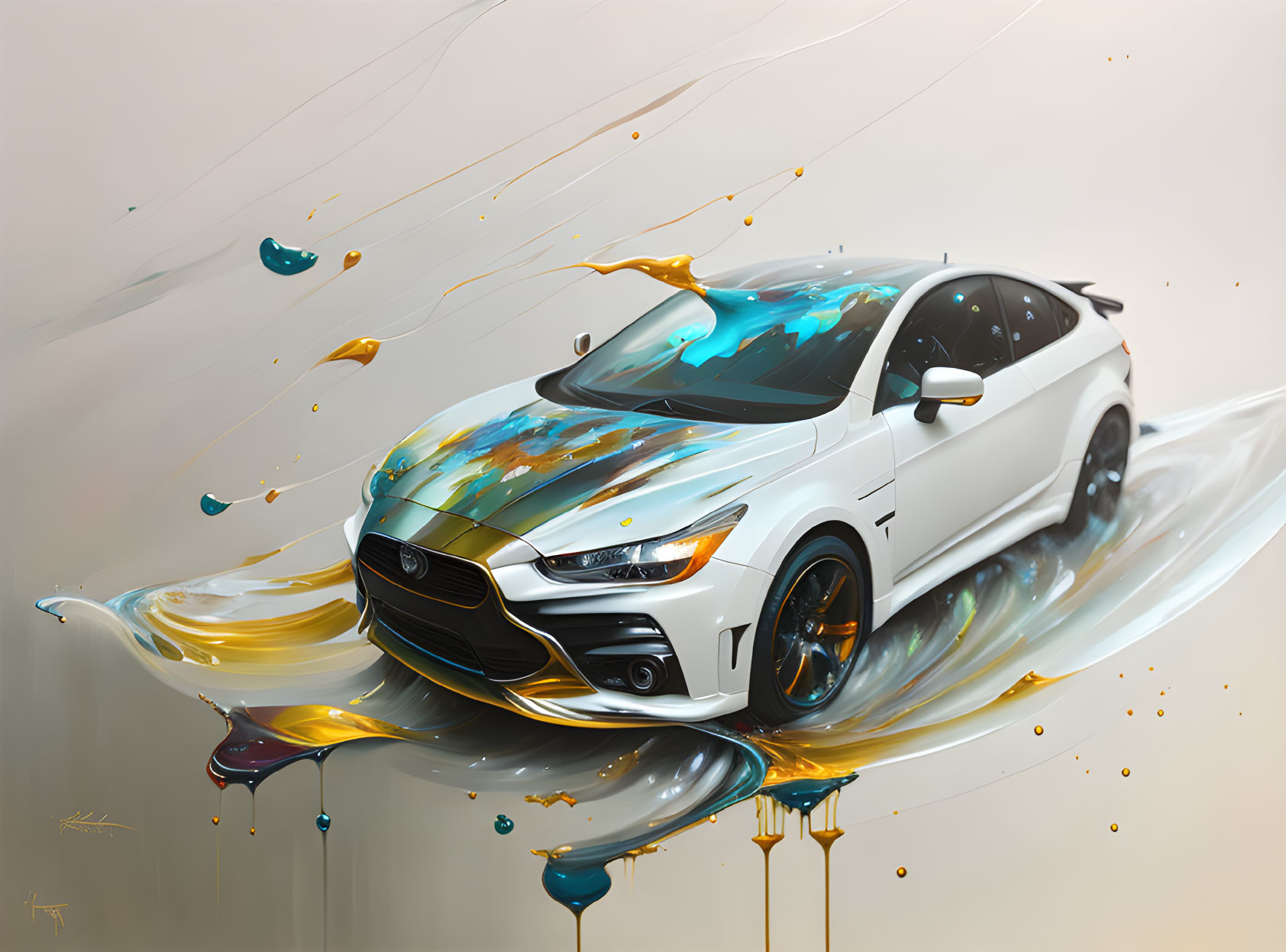 Stylized white car with colorful paint splashes in surreal landscape