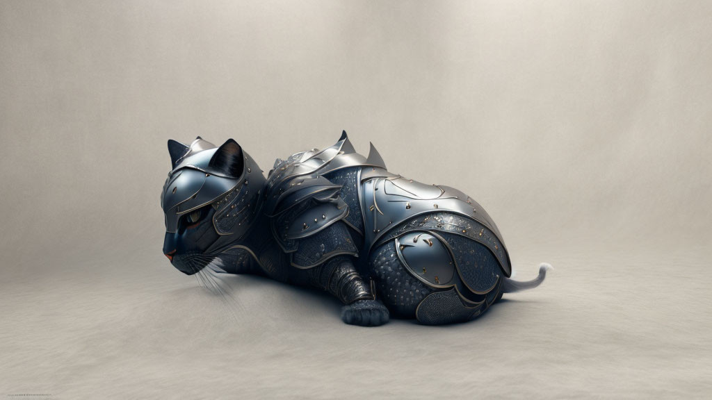 Digital Artwork: Cat in Medieval Knight Armor on Plain Background