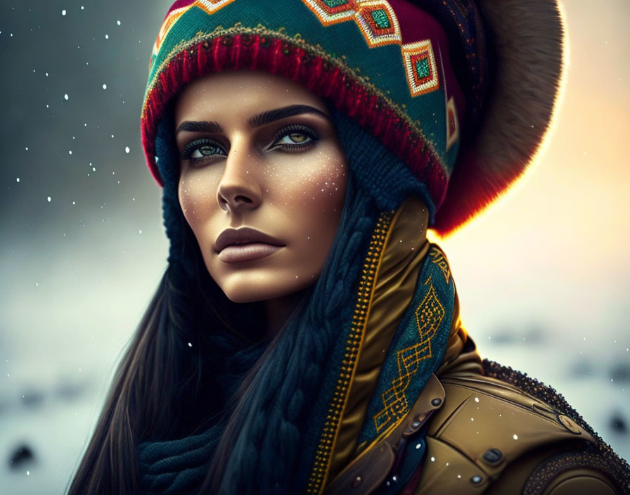 Person with Striking Eyes in Colorful Beanie and Winter Jacket with Snowflakes in Blurred