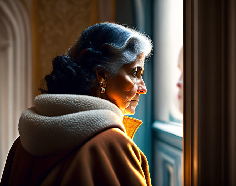 Gray-Haired Woman in Braided Hair and Orange Coat Looking out Window