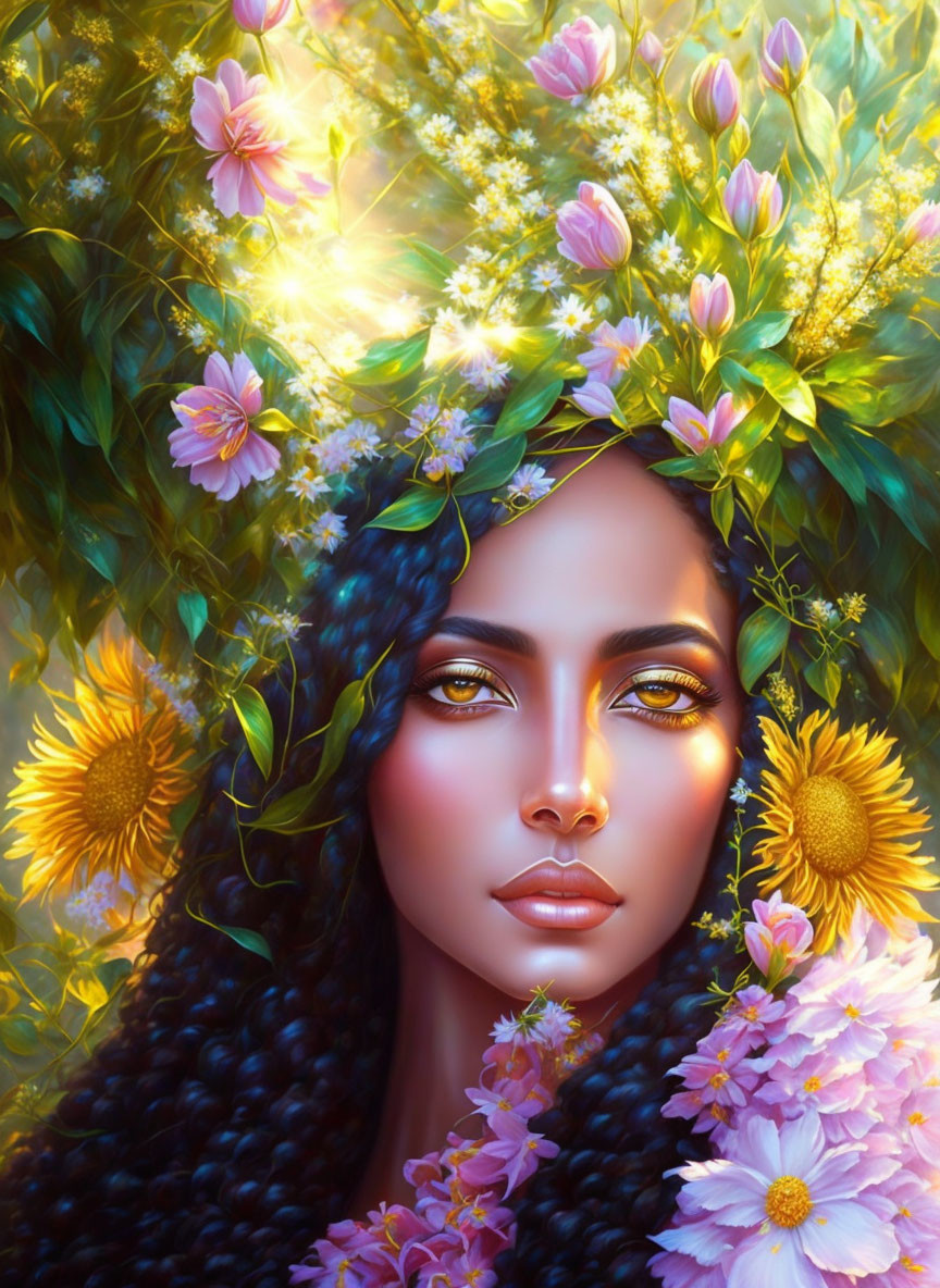 Digital Artwork: Woman with Dark Hair and Flowers in Warm Tones