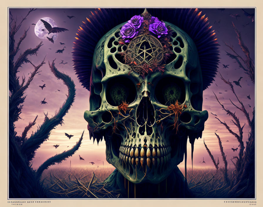 Surreal artwork of large skull with purple flowers and geometric designs on forehead against twilight sky with birds